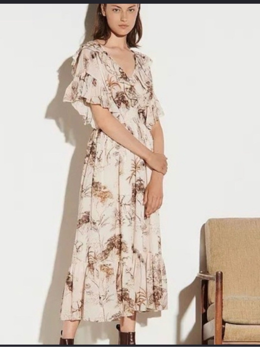 SANDRO Natural Marro Ruffled Printed Gauze Midi Dress - Picture 1 of 12